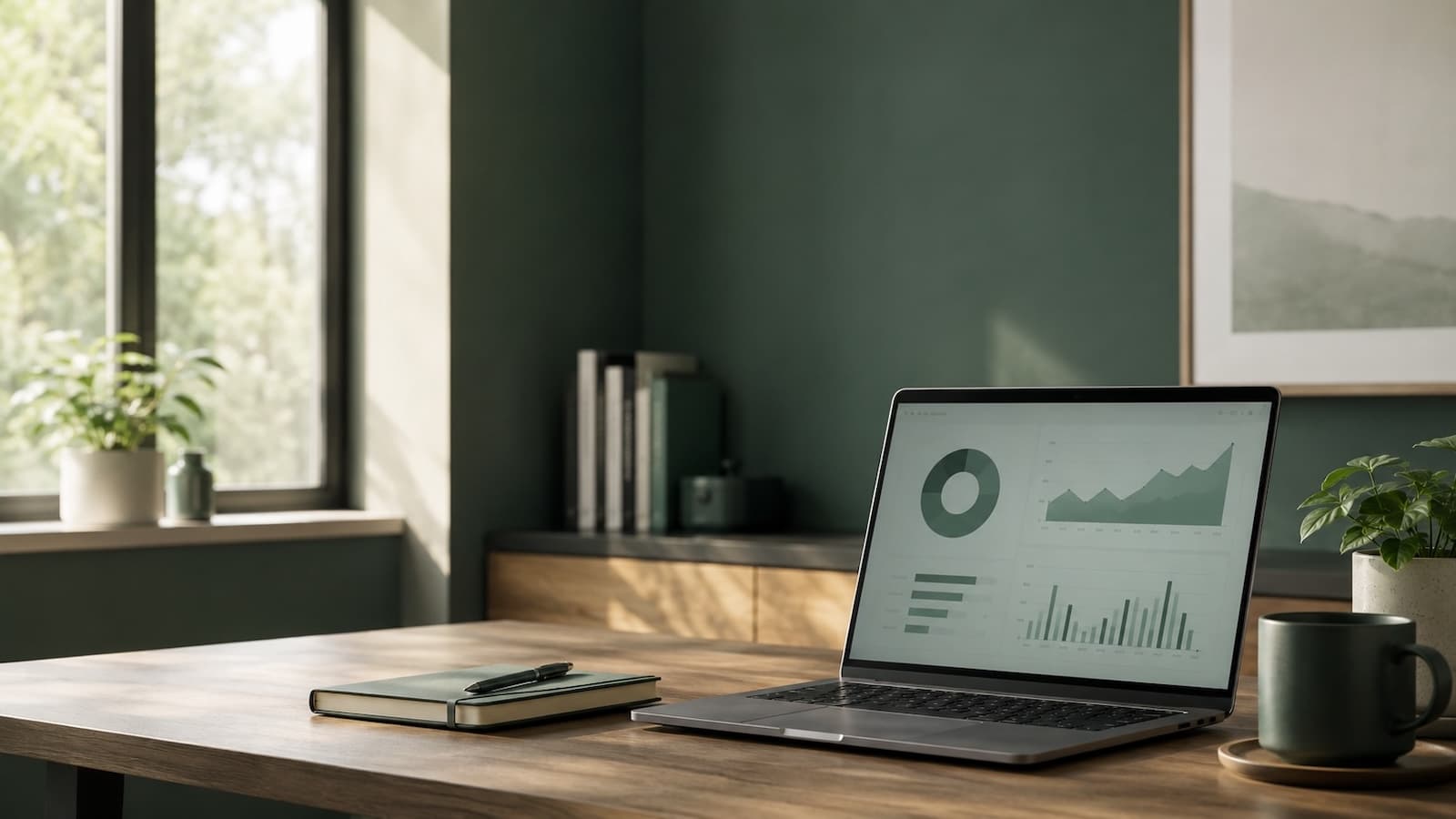 Calm OnWealth workspace with laptop and financial charts
